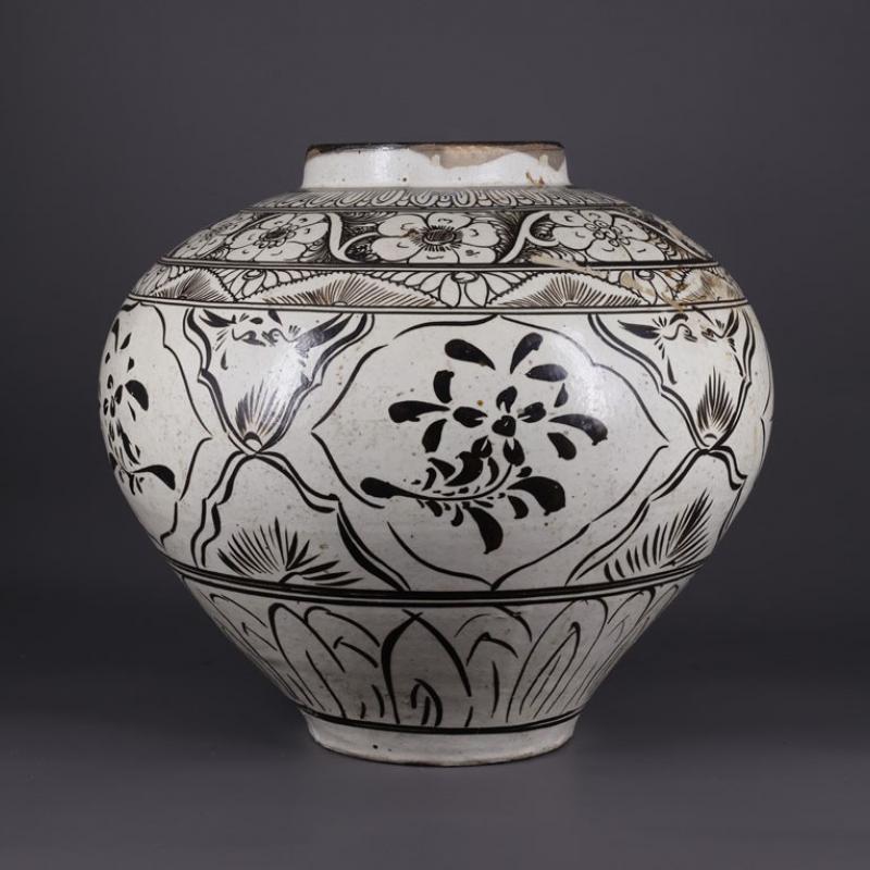 元代白釉褐彩花鸟纹瓷罐